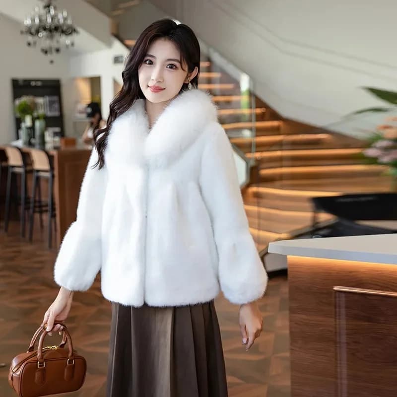 Fashion Faux Fur Coat Women's Mink Fur Short Overcoat Double-faced Fur Jackets Fox Fur-collar Streetwear Outerwear Autumn Winter