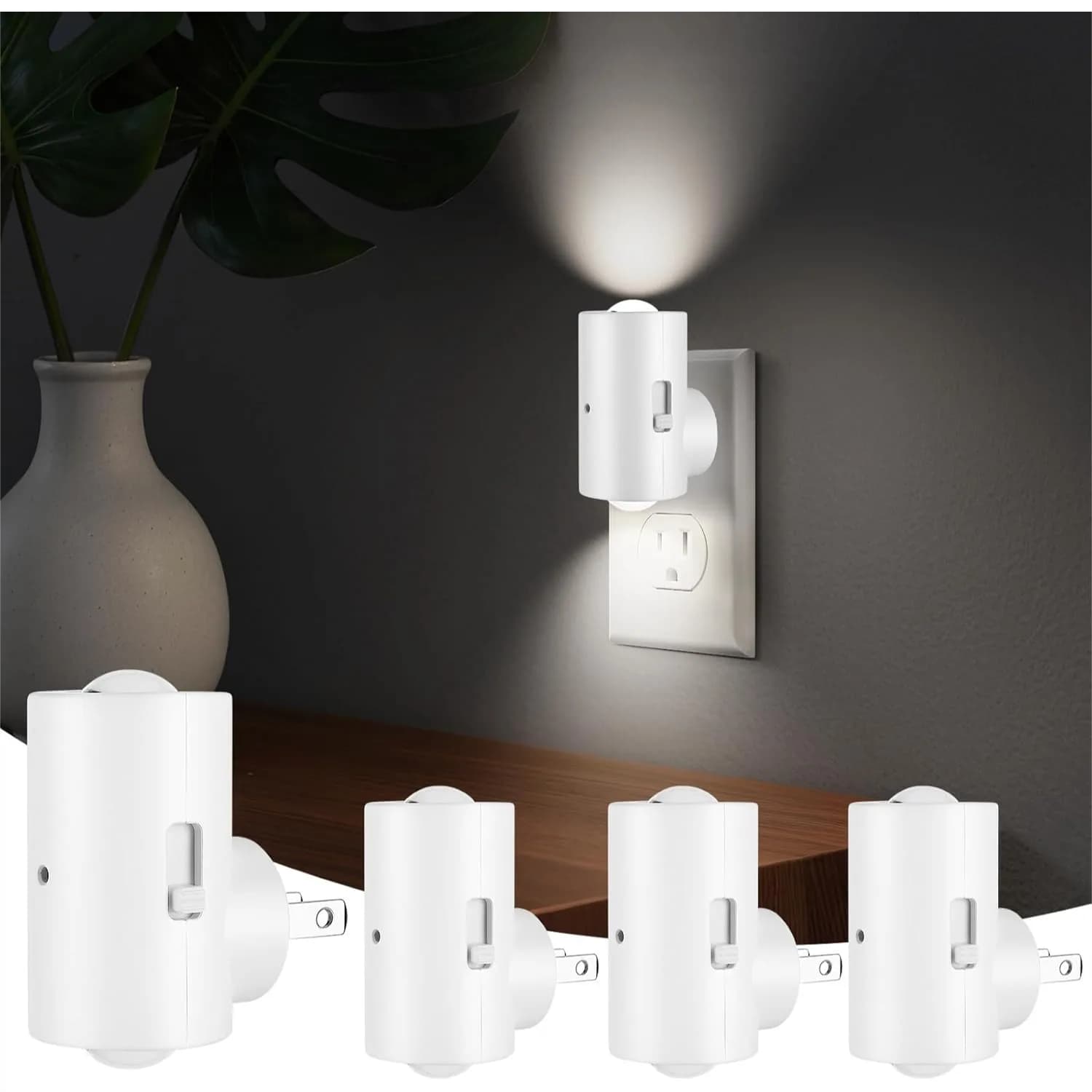 Set di 4 Piccole Luci Notturne LED, Dimmerabili con Accensione/Spegnimento Automatico dal Tramonto all'Alba, Luce Diurna 5000K, Luminosità Regolabile, 180° °