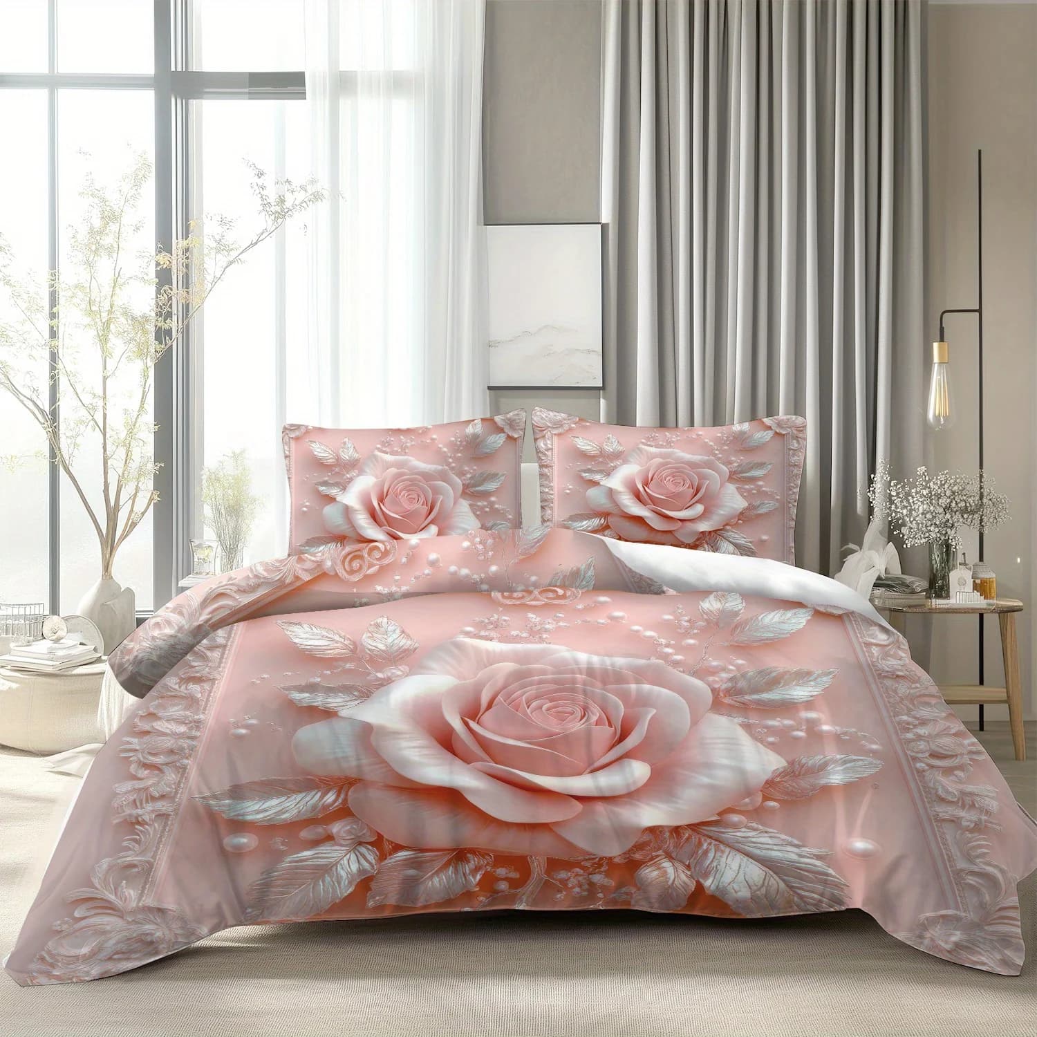 Pink Rose & Silvery Leaves Duvet Cover Set Elegant Design Soft Bedding Machine Washable Bedroom Decorative Comforter Set