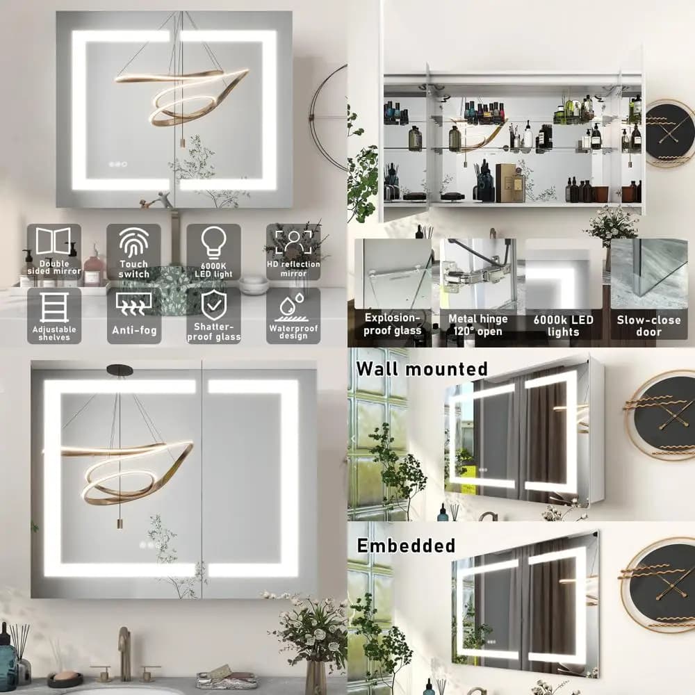 Armadietto da bagno con specchio 36 x 30 pollici, a incasso o a parete, grande contenitore con specchio per bagno, anti-appannamento