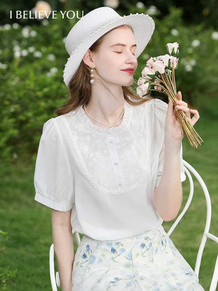 I BELIEVE YOU Camicie da donna francesi bianche con maniche a sbuffo, da ufficio, Nuova Collezione Estate 2026, con pizzo e scollo a O, tinta unita, alla moda, 2242055630