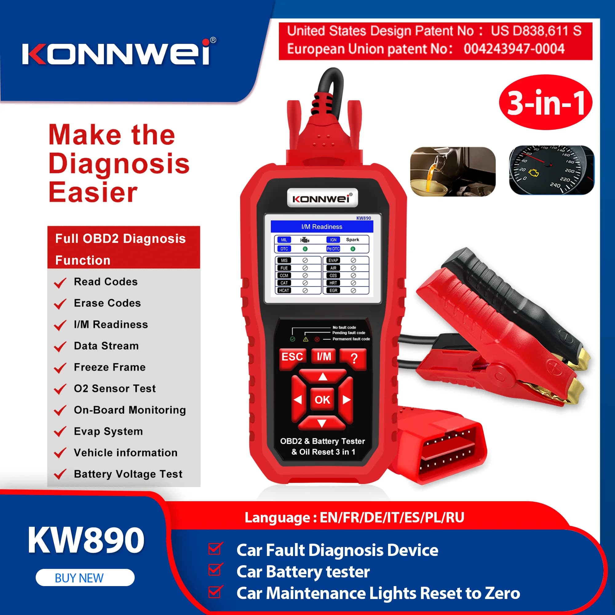 KONNWEI KW890 2026 Tester Batteria Auto 12V OBD2 Analizzatore Diagnostico Auto Strumento Diagnostico 3 in 1 Scanner OBDII Lettore Codici