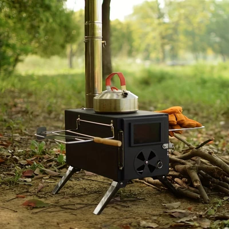 Portable stove for tent-outdoor cooker with 7 fireplace hoses suitable for cooking in spring camping and barbecue parties in the Black courtyard.