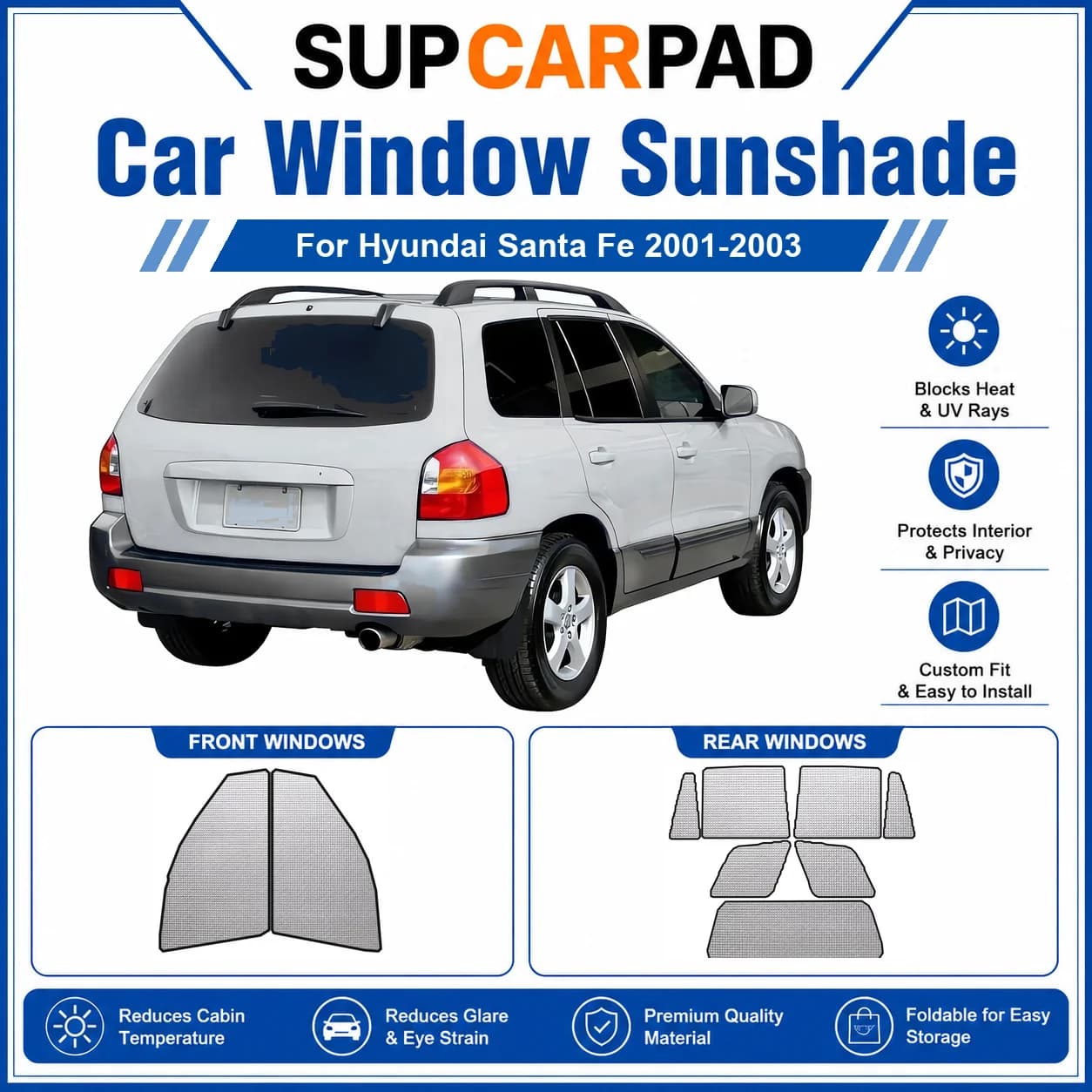 For Hyundai - Hyundai Santa Fe 2001-2003 Full Set Car Window Sunshades UV Block Privacy Heat Insulated Foldable Car Curtain