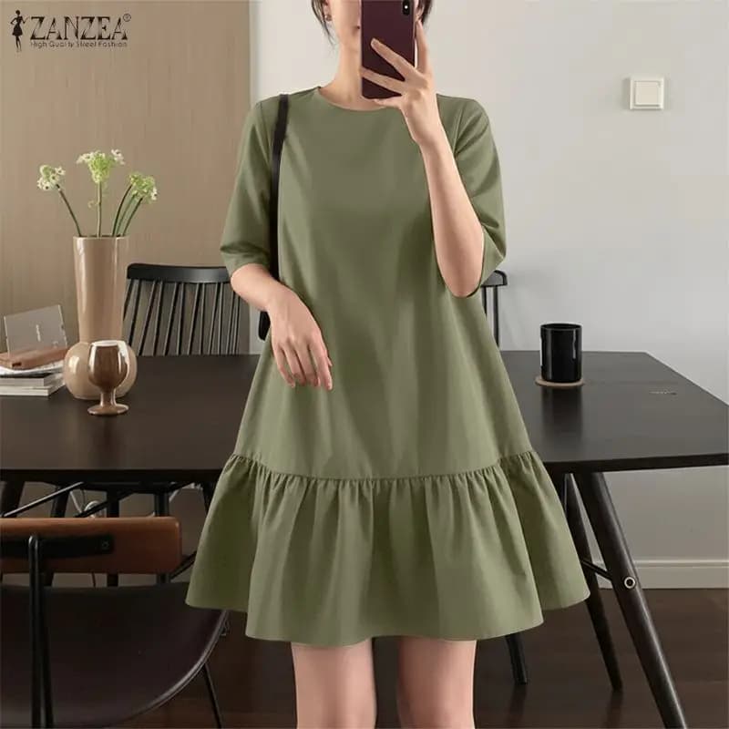 ZANZEA Abito Casual da Donna con Orlo Arricciato, Scollo a O, Mezza Manica, Vestito a Trapezio, Colore Tinta Unita, Vestito Largo Estivo Quotidiano 2026