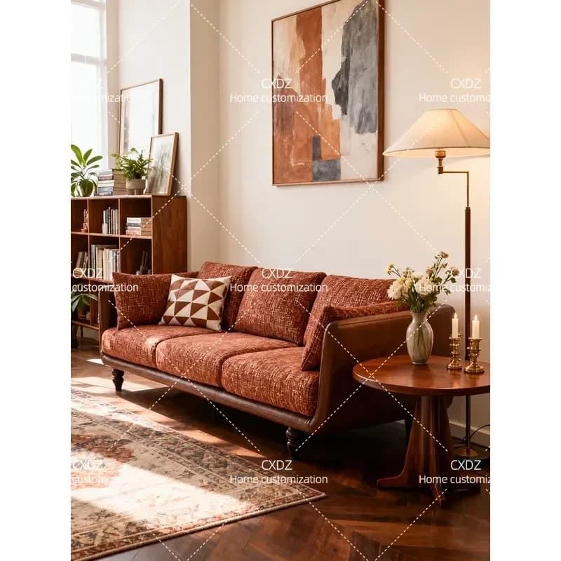 Retro Fabric Sofa 3 Seater Straight Row Removable Washable Cover Mid Century Modern Style Living Room Furniture for Small