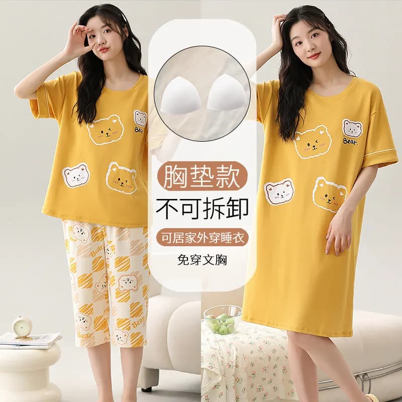 Cartoon Bear Cute Sleepwear Women Pajama Set Summer Short Sleeve Capri Pants Nightdress 3Pcs/set Casual Loungewear Sleepwear