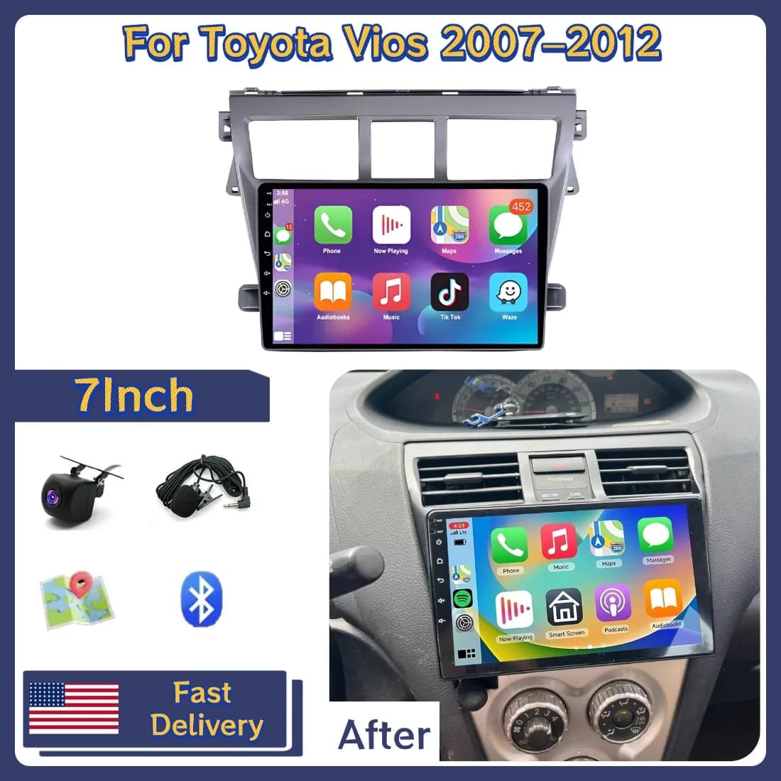 Autoradio da 9 pollici 2+64G per Toyota Vios 2007-2012 con Carplay Android 13, navigatore GPS e Bluetooth
