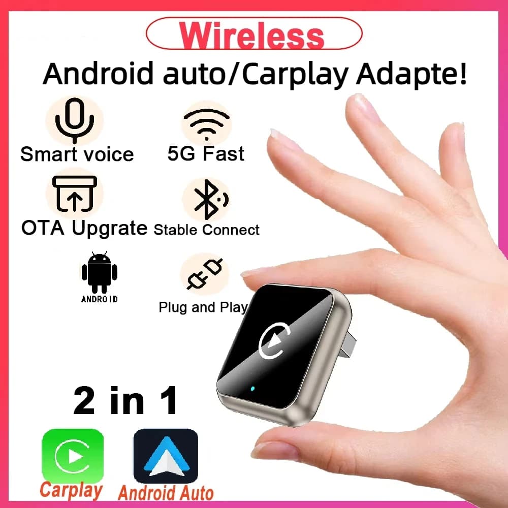 Adattatore Carplay wireless 2in1 Android Auto BT Connessione stabile Supporto Multi App Plug and Play Sistemi remoti vocali intelligenti Riproduzione in auto