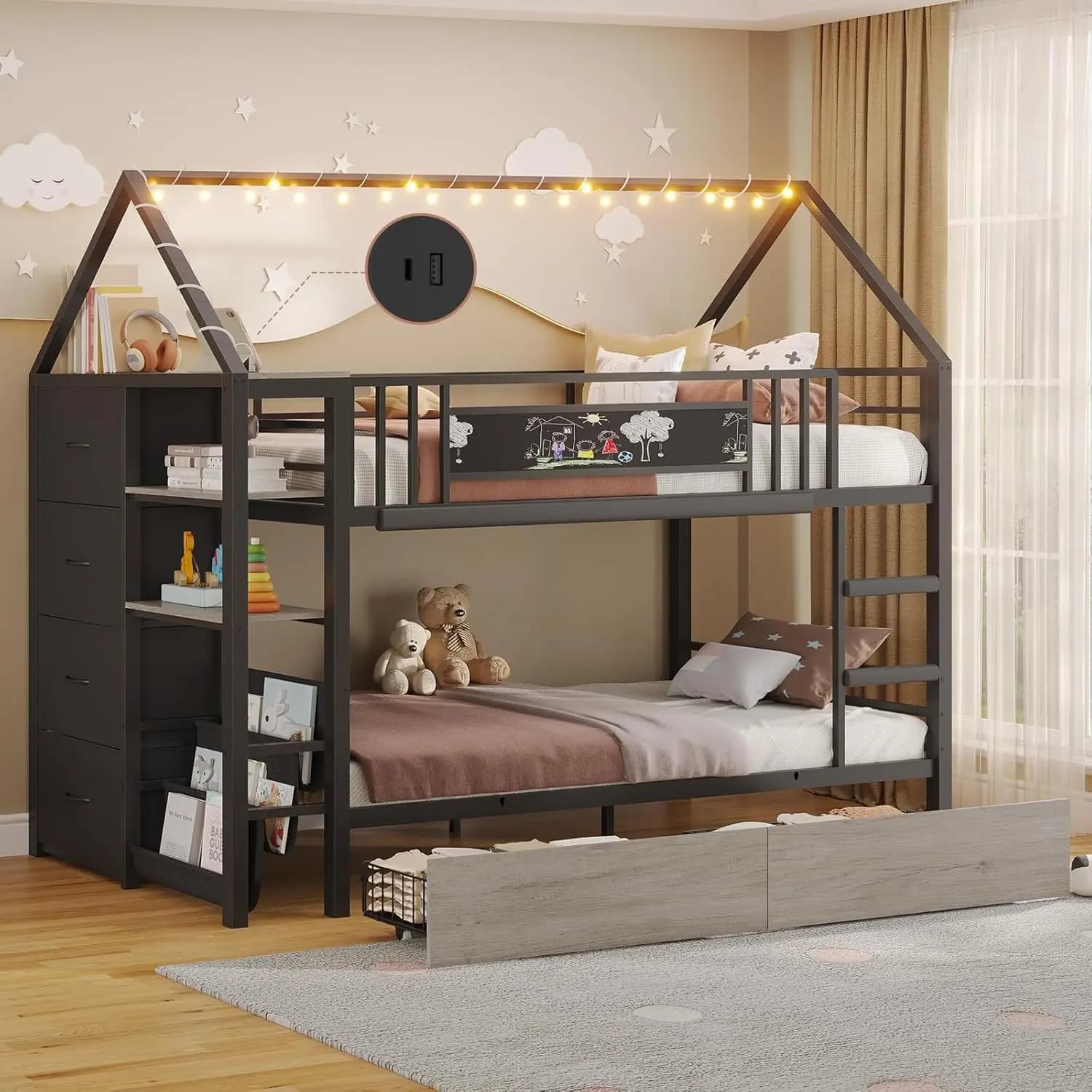 Letto a castello in metallo a due piazze con cassetti contenitore, luci a stringa a globo, a forma di casetta, a basso profilo, con libreria Montessori e scaletta con ringhiera di protezione