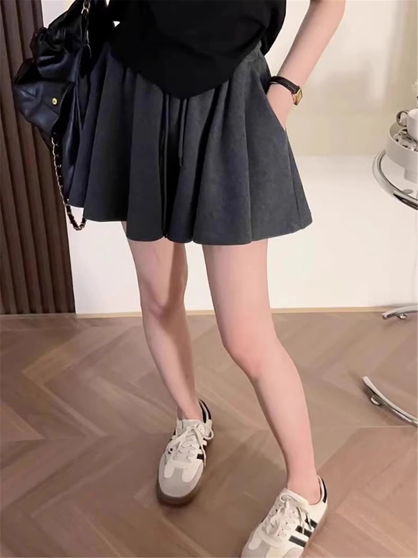 Gray Ballet Style Loose Sports Shorts Women's plus Size Wide Leg Hot Pants Slimming Short Skirt Pants High Waist Short Length