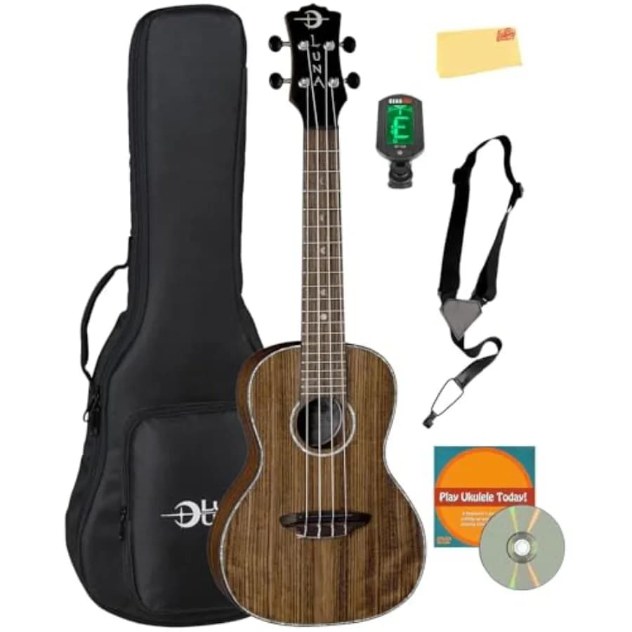 Set Ukulele da Concerto in Noce con Borsa per il Trasporto, Accordatore, Tracolla, DVD Istruttivo Austin Bazaar e Panno per la Lucidatura