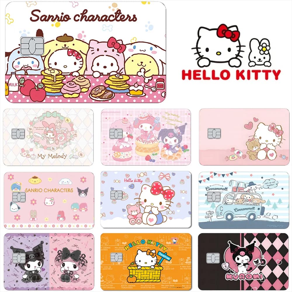Sanrio Hello Kitty Kuromi Decalcomanie per carte Carta di credito Pelle 2.5D HD Adesivi Carta Pellicola opaca Pelle Piccolo chip Adesivi impermeabili
