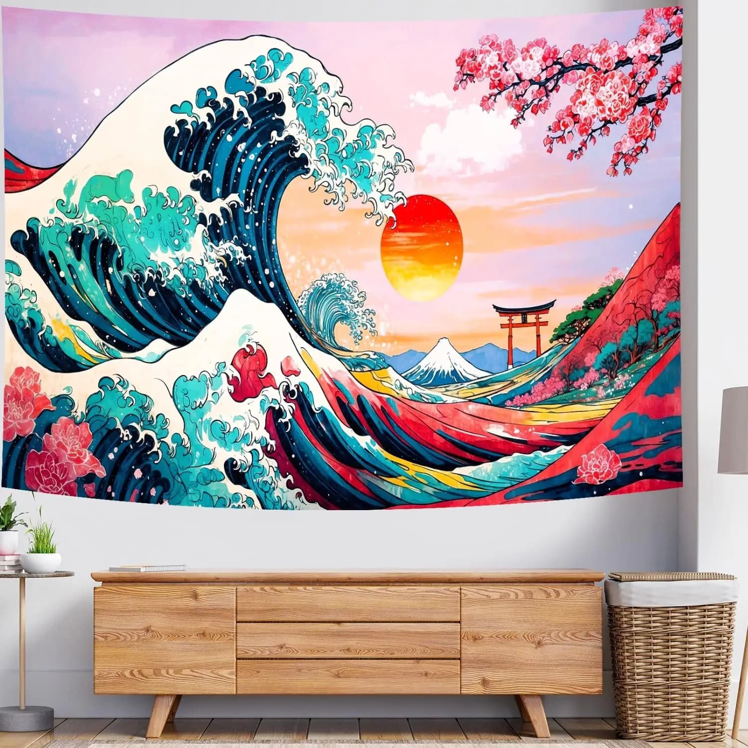 Japanese Sunset Ocean Sea Wave Off Kanagawa Tapestry Wall Hanging Vintage Asian Anime Cherry Blossom Nature Headboard for