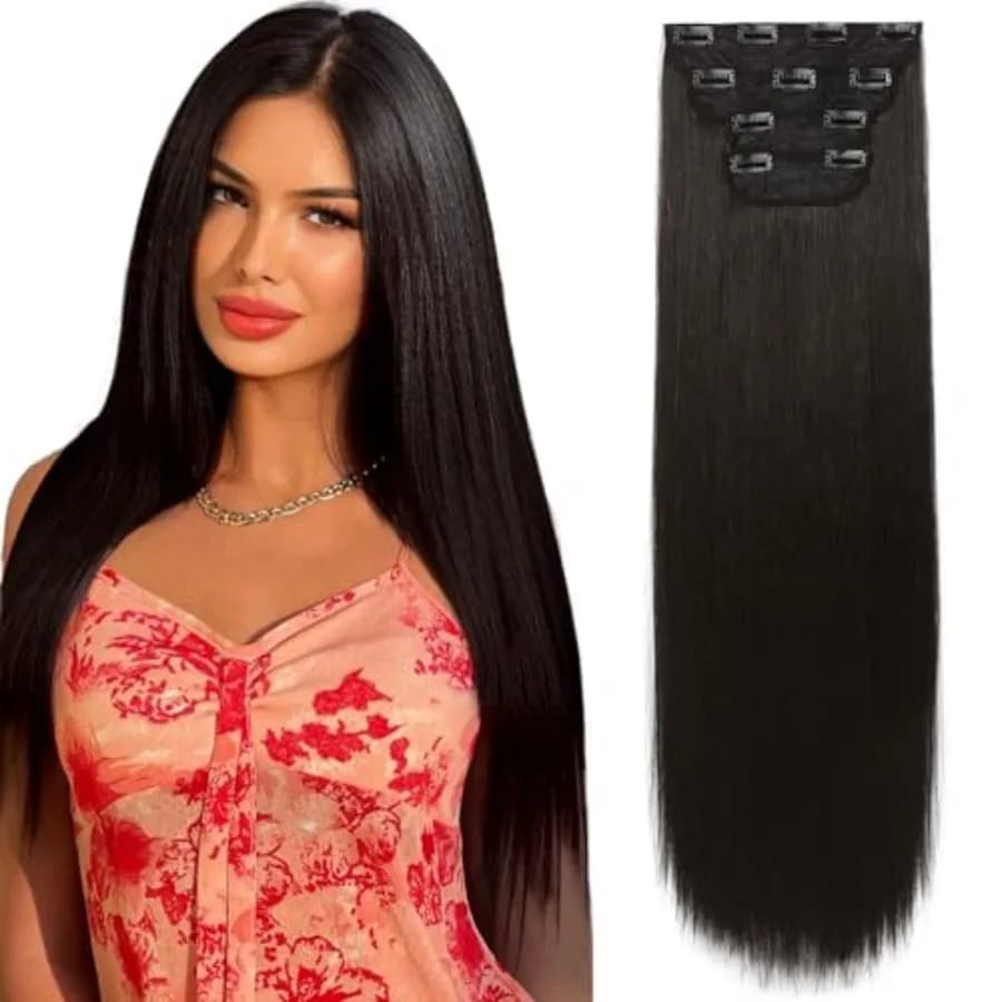 28" Straight Super Long 4 PCS Set Thick Clip in on Hair Extensions Black Brown