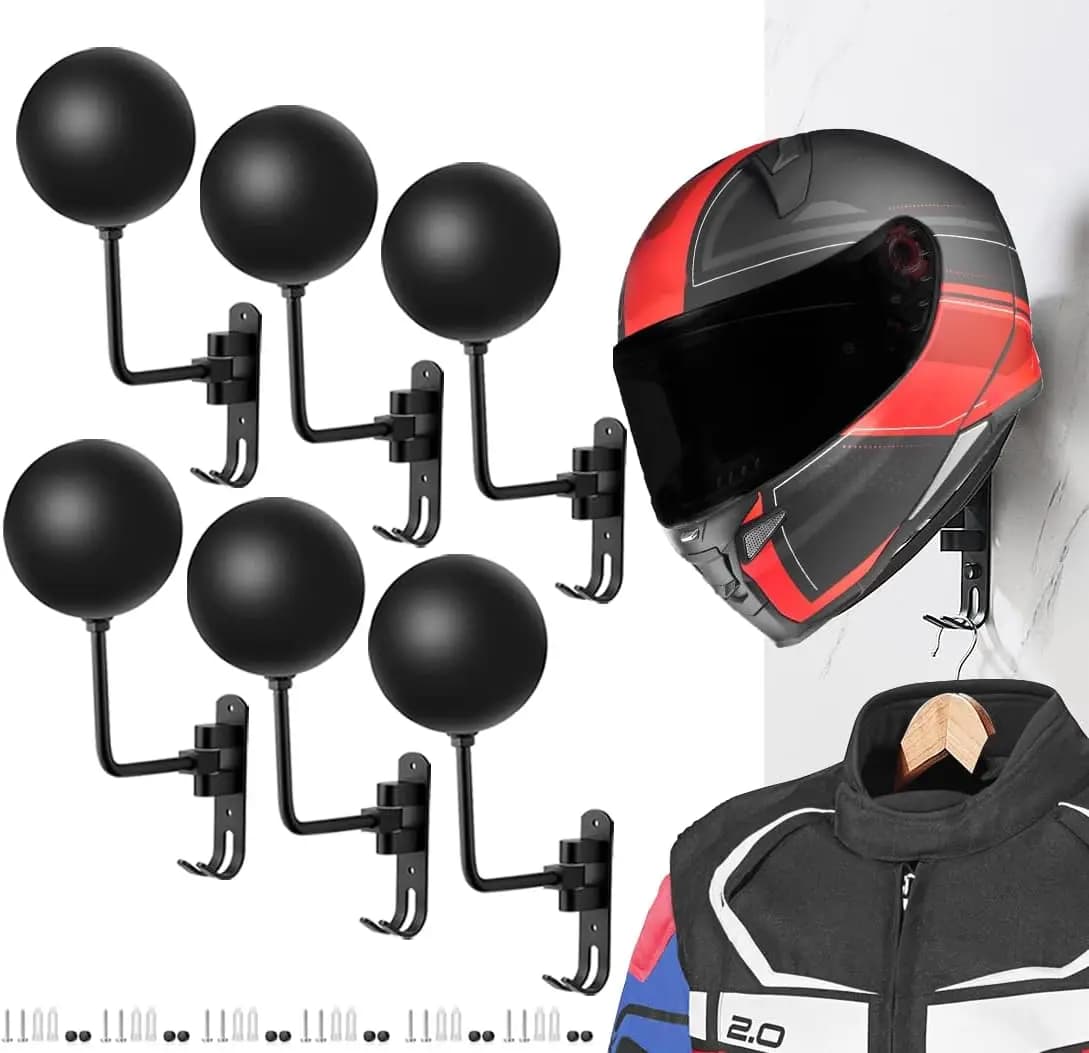 6 180 ° Revolving wall mount for motorcycle helmet with hooks for bicycle equipment, hats and sports helmets - Black