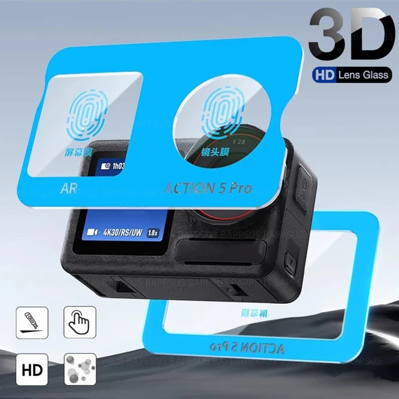 Set di protezioni per schermo e lenti 3 in 1 per DJI Osmo Action 4 5 Pro, pellicola protettiva antigraffio e anti-bolle in vetro temperato