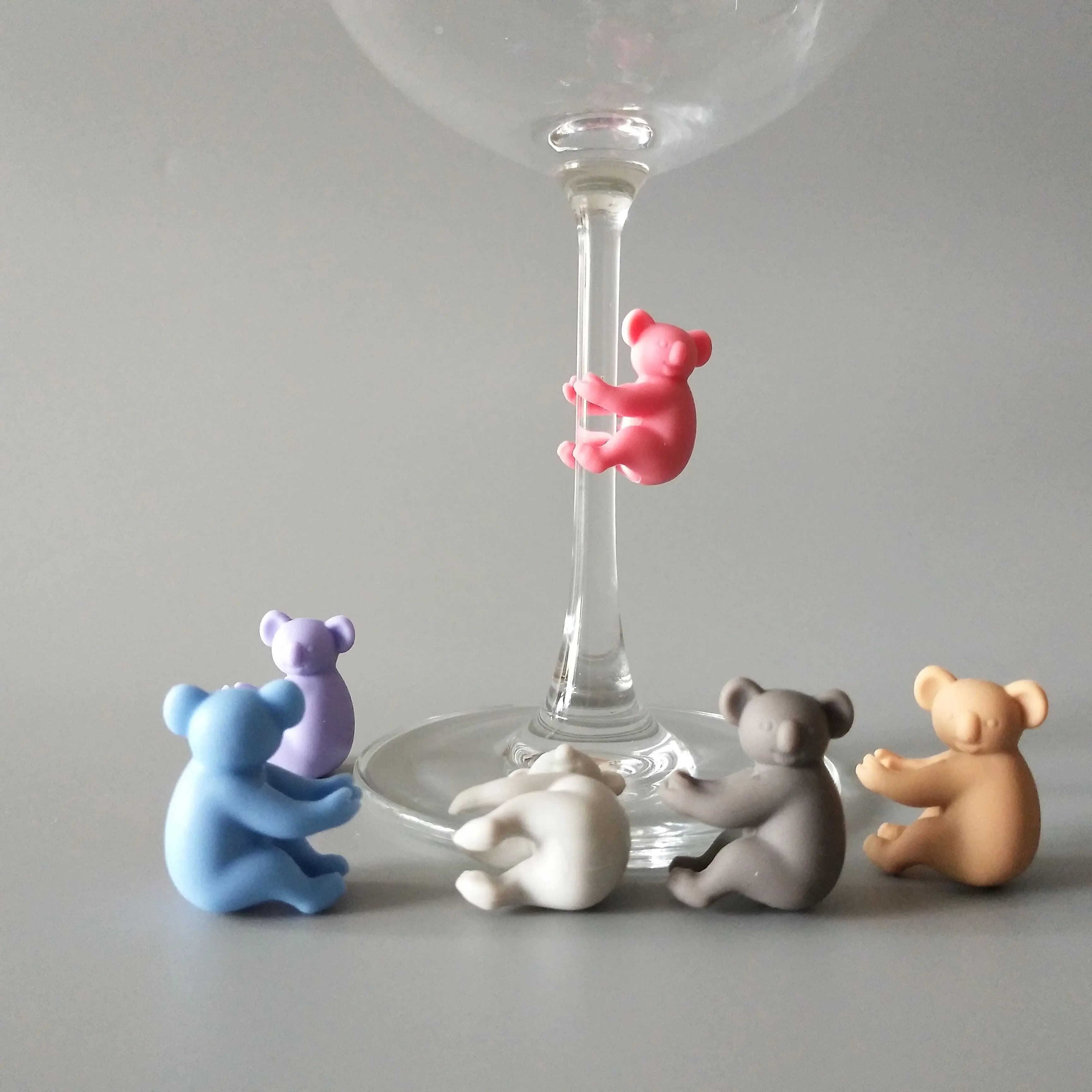Set di 6 pennarelli riutilizzabili per ciondoli per bicchieri da vino in silicone a forma di koala