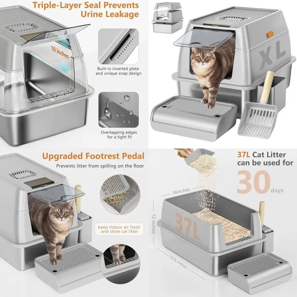 Lettiera per Gatti Grande in Acciaio Inossidabile Grigio con Coperchio, Taglia XL per Gatti Grandi, Recinto Alto, Rimovibile, Facile da Pulire, Anti-Perdita
