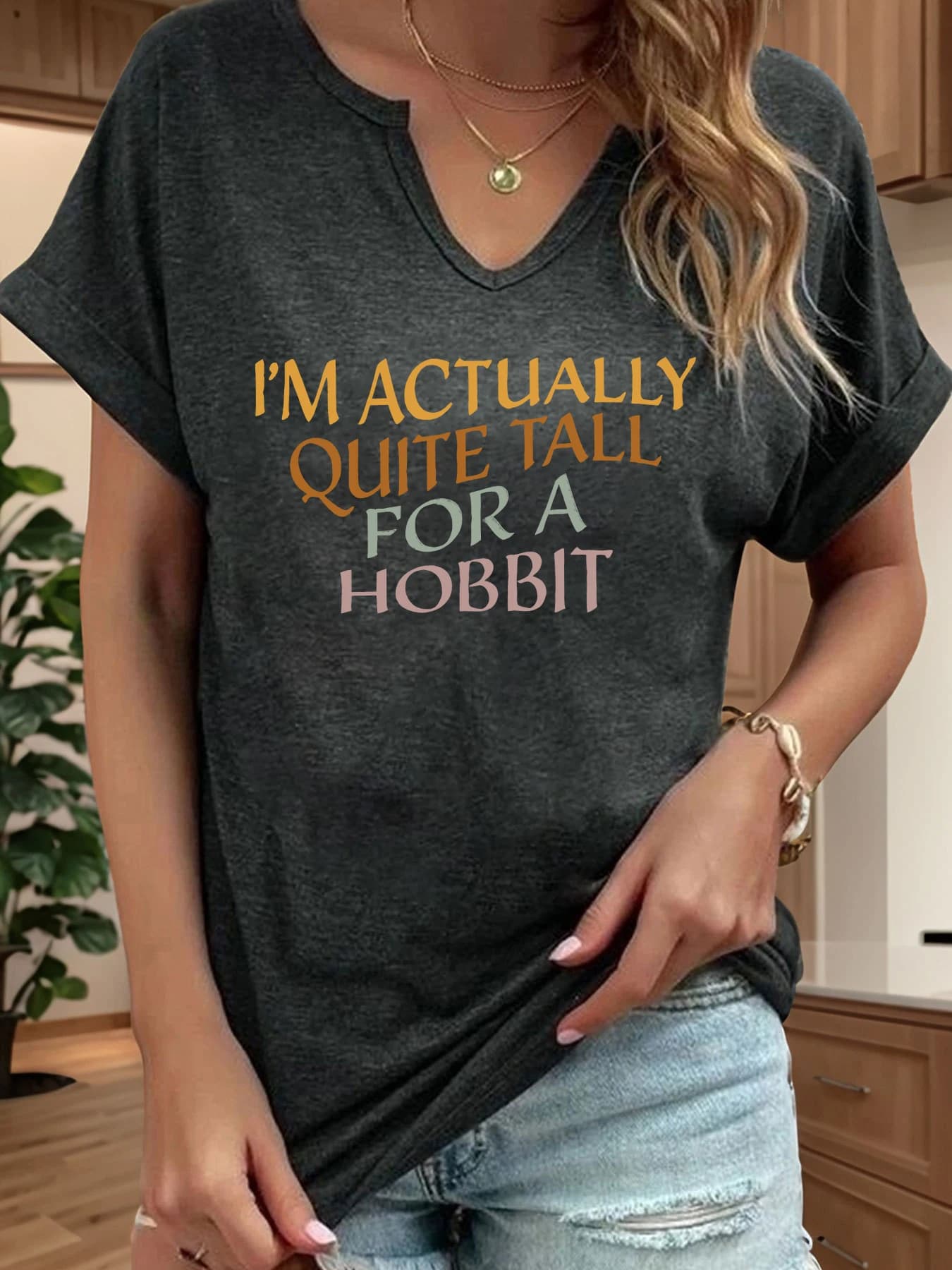 Sono davvero abbastanza alto per un Hobbit T-shirt da donna con stampa di lettere Manica corta arrotolata con scollo a V T-shirt casual estive da donna
