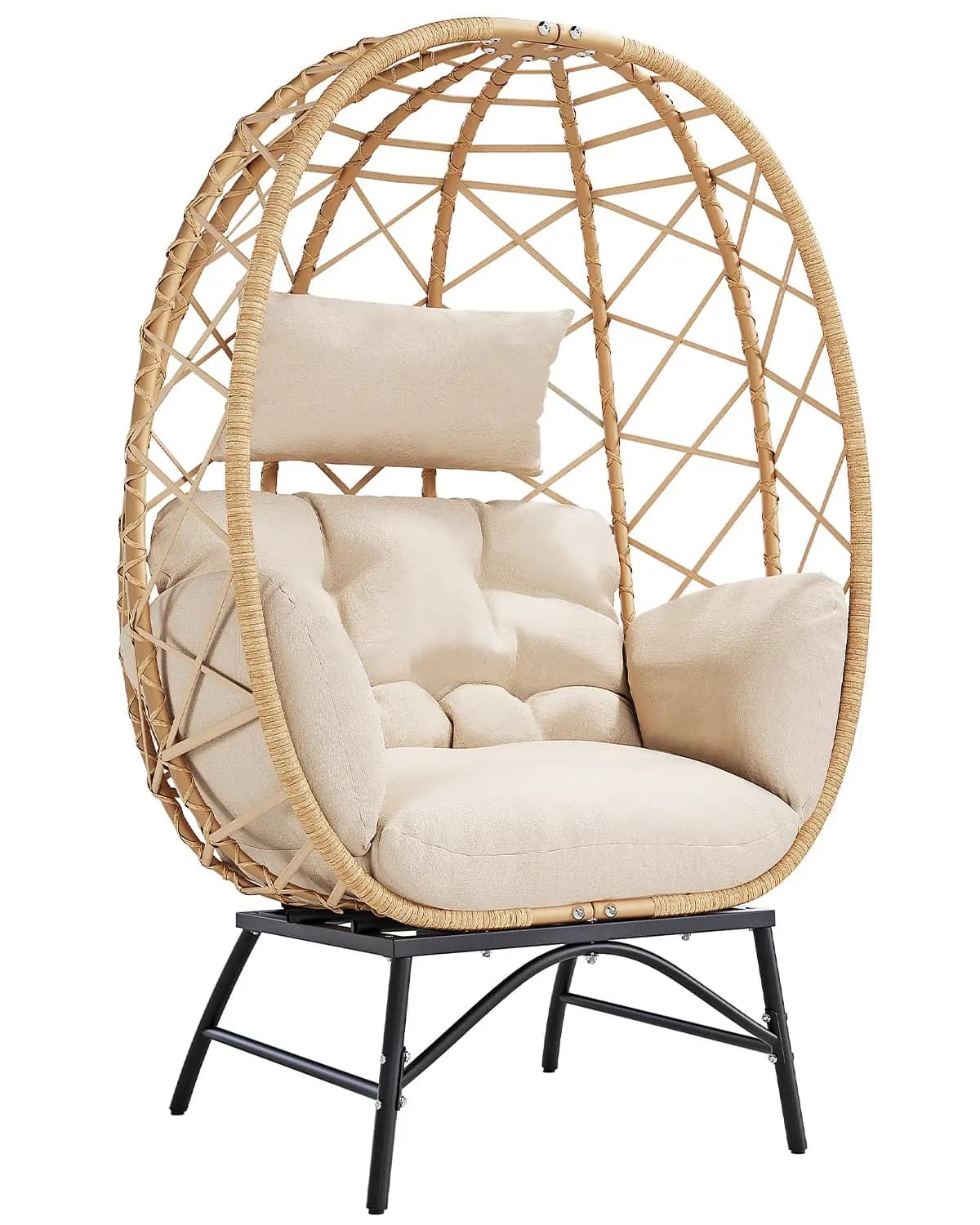 Poltrona a Uovo in Vimini per Esterni, Sedie Lounge Oversize da Patio con Cuscino per Soggiorno, Camera da Letto, Esterni, Personalizzabile