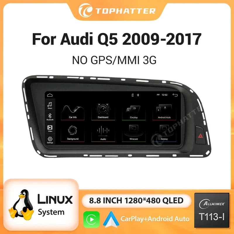 Schermo Multimediale Wireless CarPlay Ultra-sottile da 8.8'' con Android Auto per Audi Q5 2009-2017, Touch Screen, Navigazione Bluetooth Linux