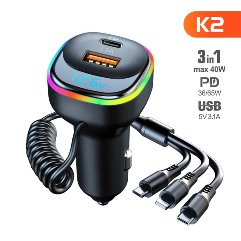 USB Car Charger 65 W Quick Charging QC4.0 QC3.0 FCP AFC Type C Quick Charging USB for Car Fast Charging Cable 3 in 1 for iPhone Huawei