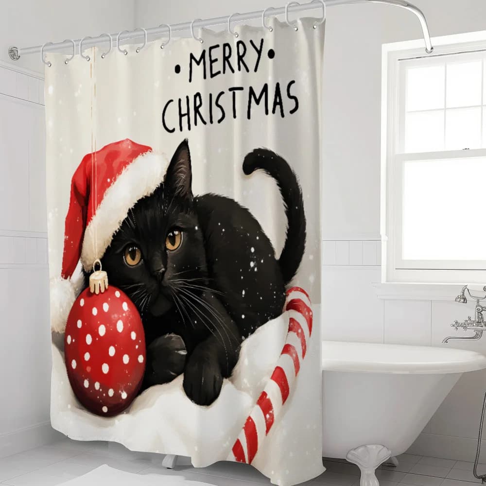 Festive Christmas Shower Curtain Black Cat Holiday Bathroom Decor Cute Xmas Pet Shower Curtain Liner Wall Art Theme Seasonal