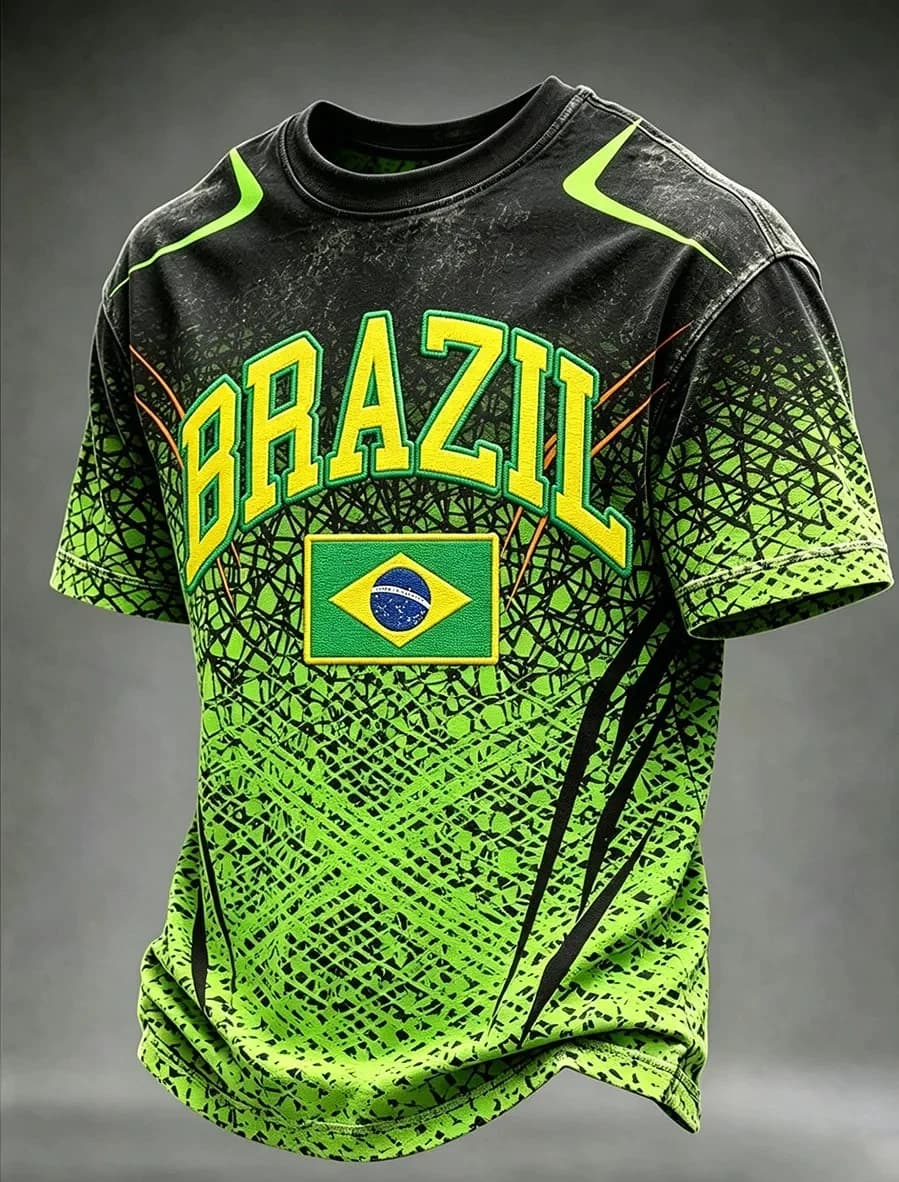 Unisex Brazil Flag Graphic T-Shirt, Retro Gradient Green Casual Football Style Short Sleeve Tee