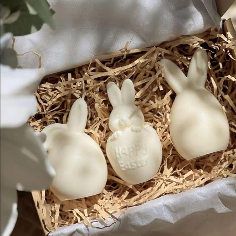 Set di stampi in silicone per resina di coniglio pasquale 3D da 3 pezzi: orecchio piegato, orecchio dritto e coniglio a guscio d'uovo "Buona Pasqua".