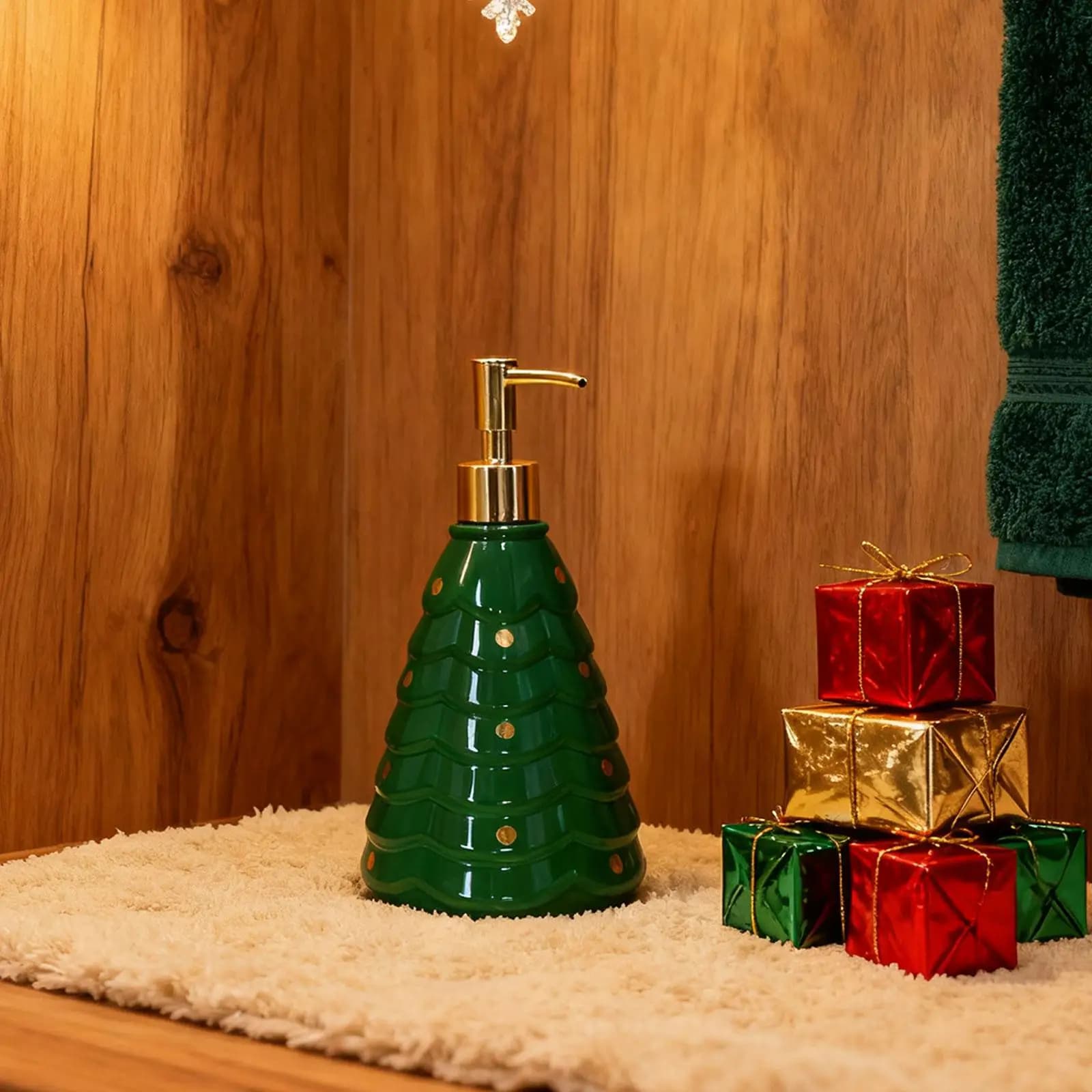 Holiday Soap Dispenser Christmas Tree Design Refillable Ceramic Bottle for Bathroom Kitchen Vanity