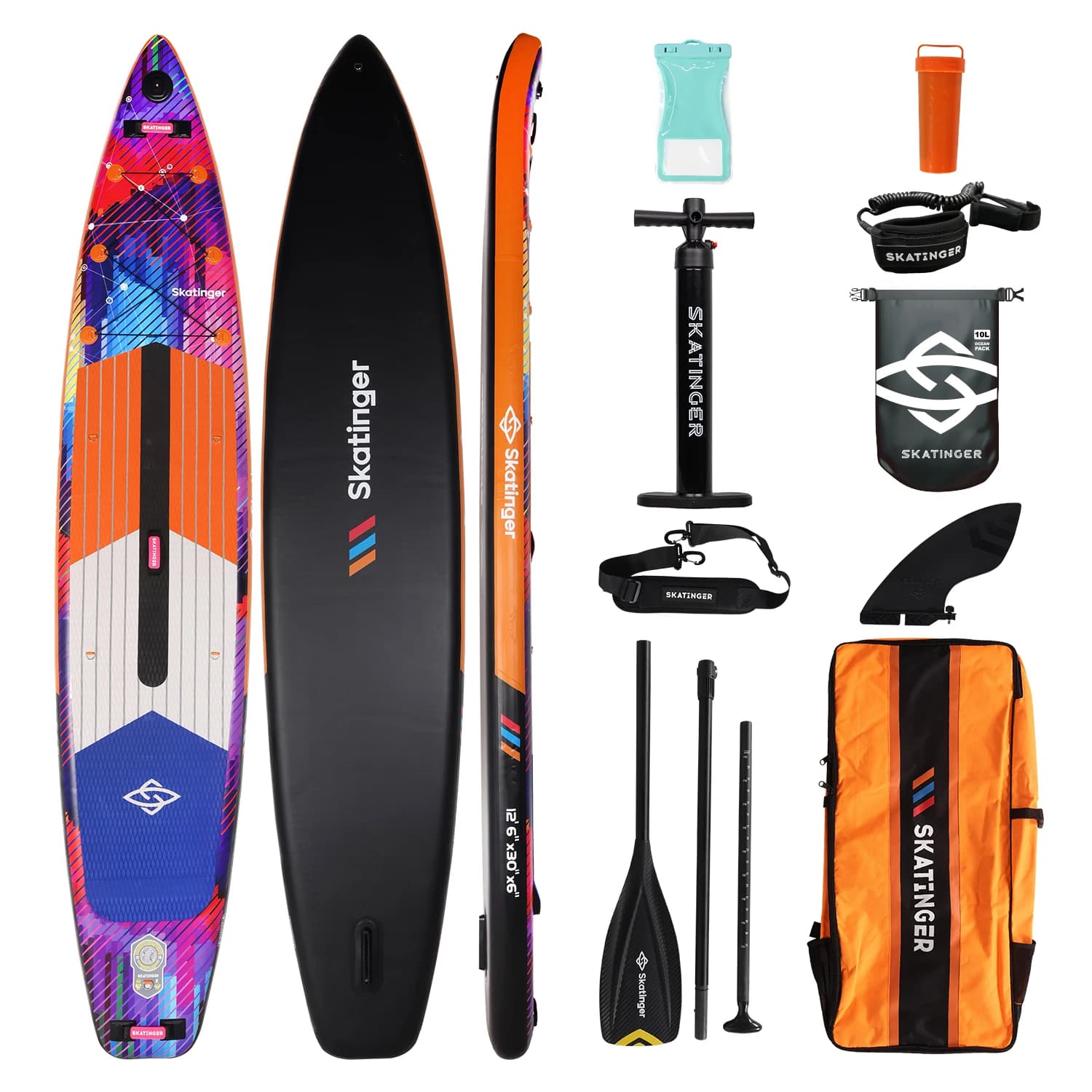 SKATINGER SUP Tavola da Paddle Gonfiabile 12'6"x30"x6" Impermeabile Stile Stand Up con Accessori da Pesca per Esterni