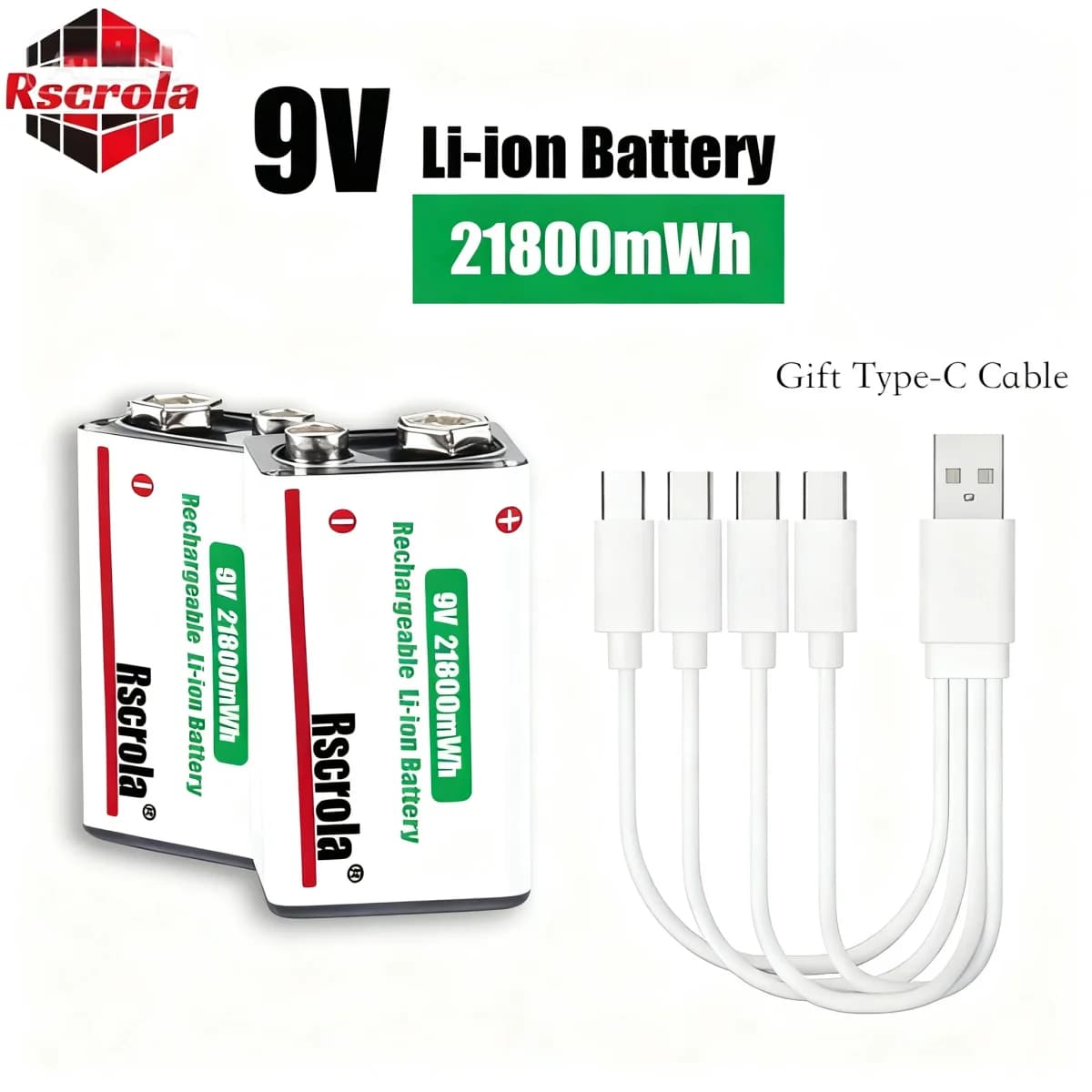 Long-Lasting 9V Rechargeable Lithium-Ion Battery 21800mWh High Capacity with Cable for Guitar Microphone Smoke Detector Pedal