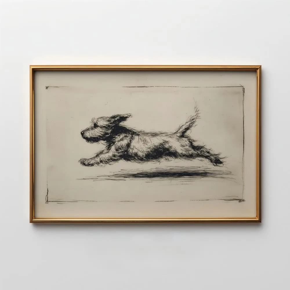 Retro Running Dog Pattern, Antique Terrier Sketch, Running Puppy Art Painting, Home Decoration, Wall Art, a Gift For Dog Lovers.