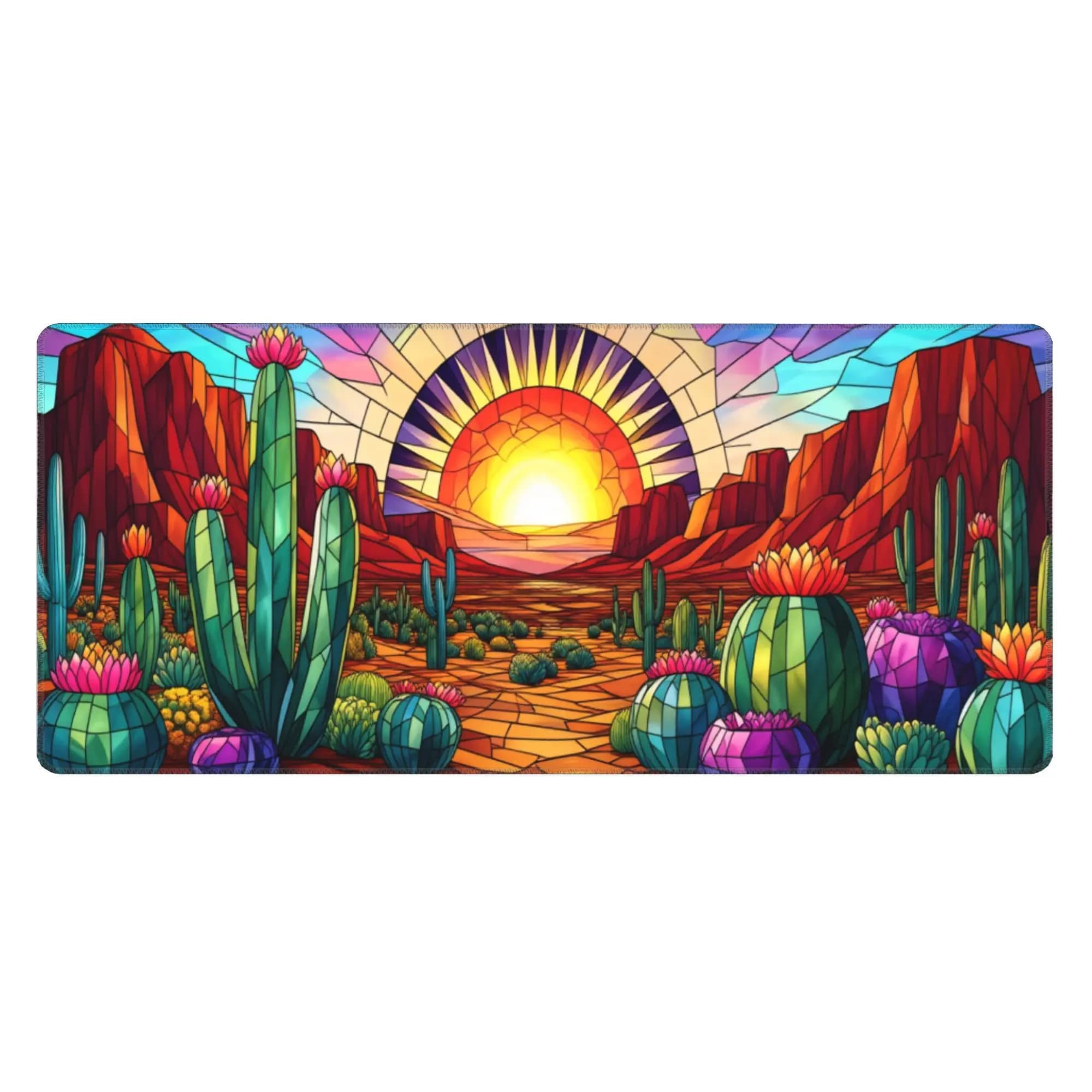 Tappetino per mouse in vetro colorato con cactus e tramonto nel deserto, tappetino da scrivania in gomma per gaming, accessorio per ufficio