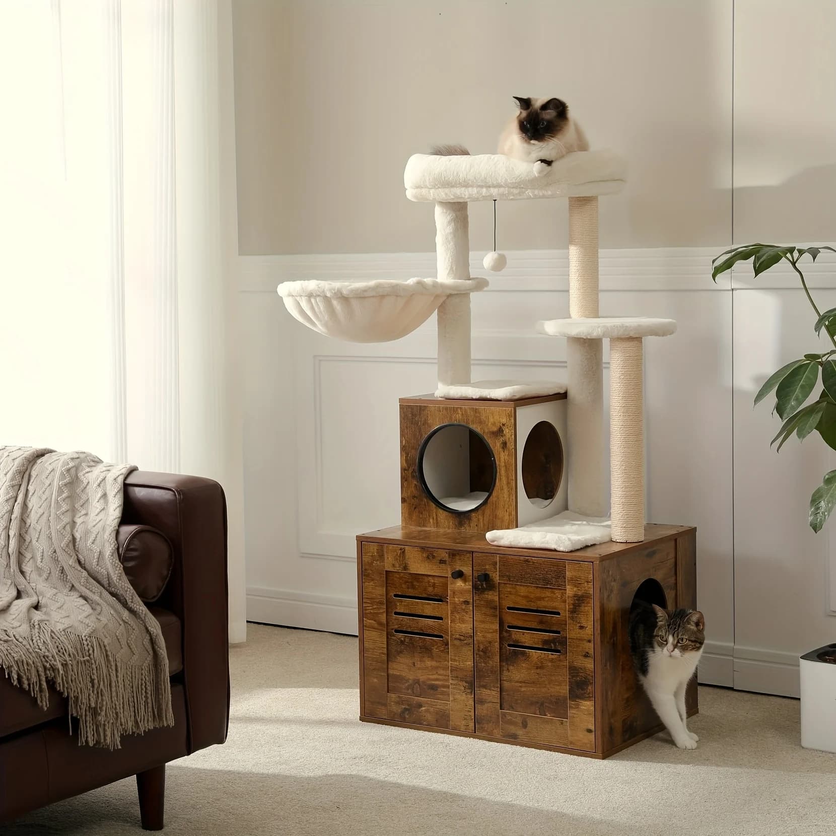 Albero per gatti con lettiera integrata, albero per gatti moderno da 50 pollici per gatti grandi/grassi con casetta, mobile per gatti in legno con amaca grande e posatoio superiore