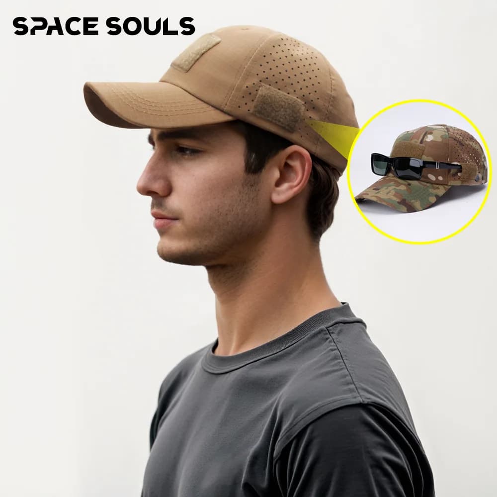 Berretto tattico militare da uomo - Cappello da sole estivo in rete mimetica (escursionismo da pesca all'aperto, toppa con gancio e anello)