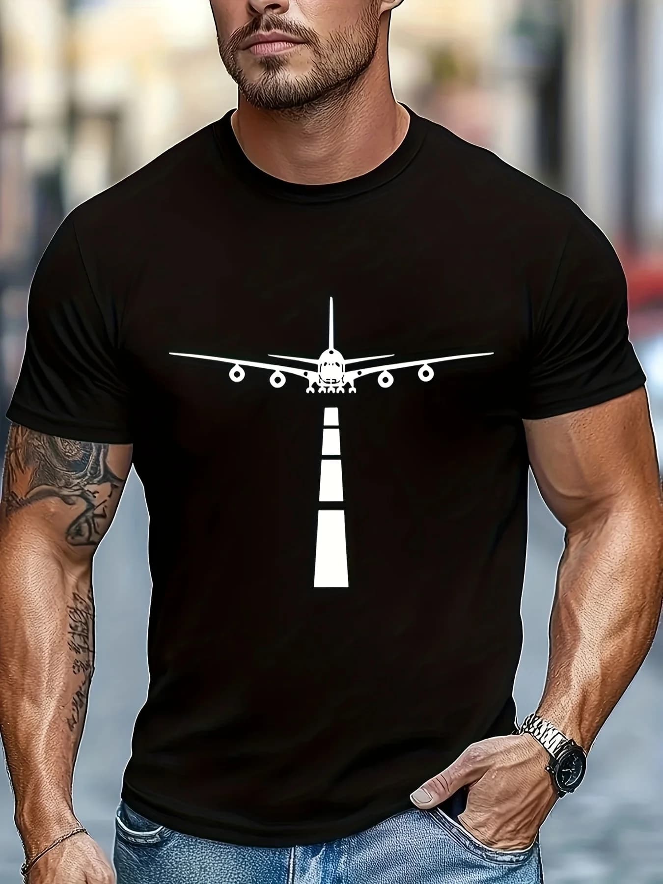 Men's short sleeve summer t-shirt is soft and elastic, with a geometric design shaped like an airplane, round neck and casual style.
