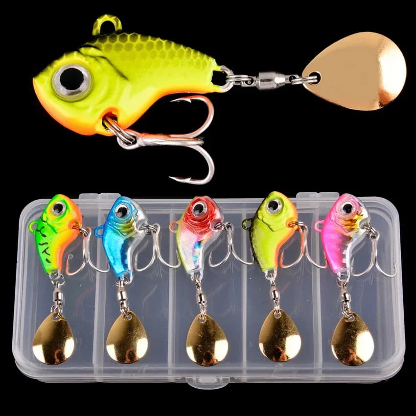 5 Pz/box Metal Rotating VIB Vibration Esca Spinner Cucchiaio Fishing bait 5g-20g Trout Fishing Masks Winter baits Face Fishing