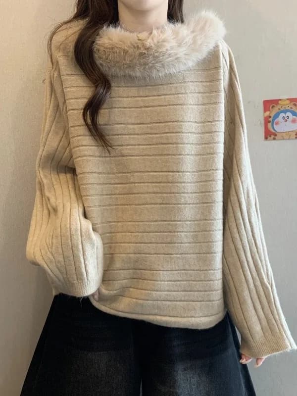 Maglione a maniche lunghe ampio con ampio collo in pelliccia per donna, autunno inverno, taglie forti, alla moda, che nasconde le imperfezioni, top giovanile