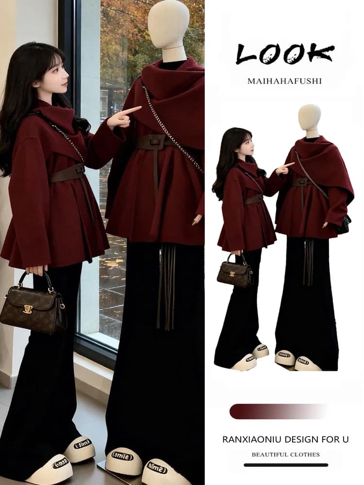 Laid-back Style Red Outfit Women's Spring Flipped Collar Sweater Coat Jeans Two-piece Set High Waist Long Pants Warm Fashion