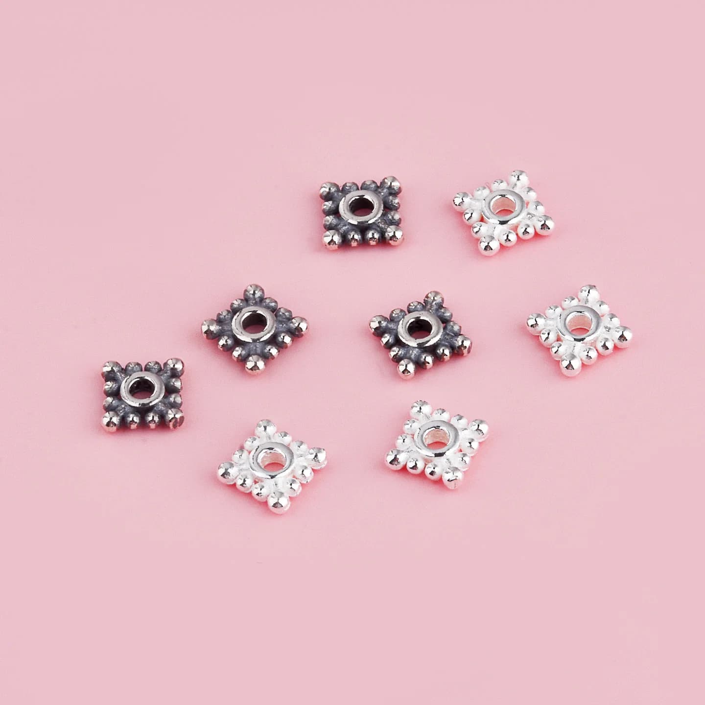 S925 sterling silver square biscuit snowflake small spacer handmade DIY braided rope beaded bracelet accessories