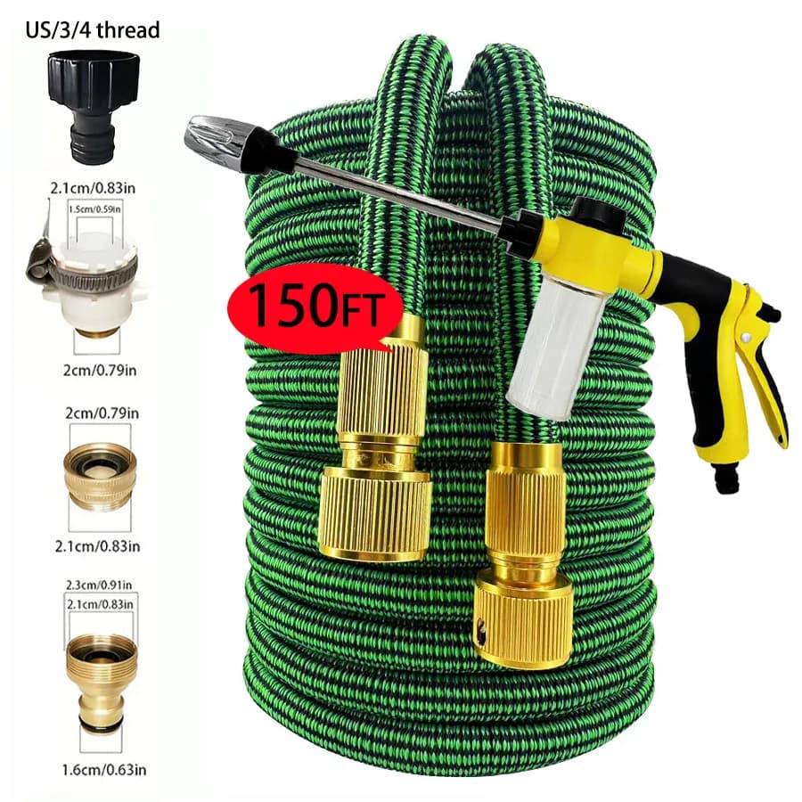150FT Expandable Garden Pipe Kit, High Pressure Gun with Dispenser Sapone, 3/4" Brass Connector, Lightweight Antiloss