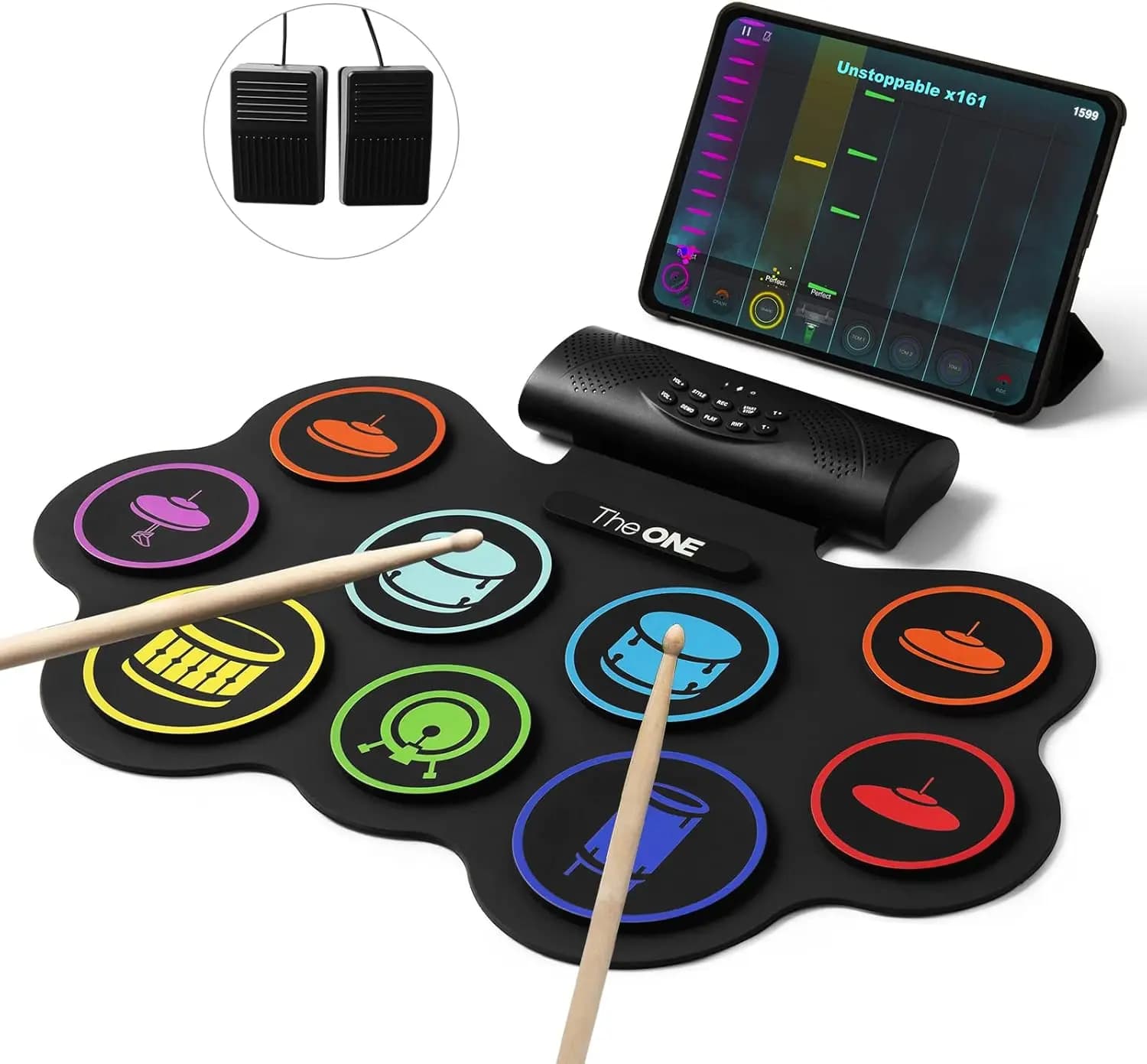 Set di batteria elettronica a 9 pad con doppi altoparlanti, pedali, Bluetooth, app, regalo per bambini e principianti