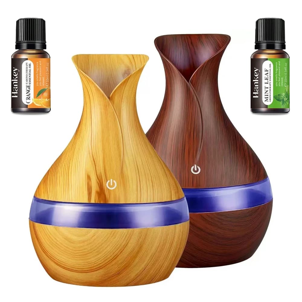 Set di diffusori di oli essenziali ad ultrasuoni con venature del legno - Con 2 bottiglie di oli essenziali, umidificatore silenzioso a nebbia fredda per la camera da letto di casa