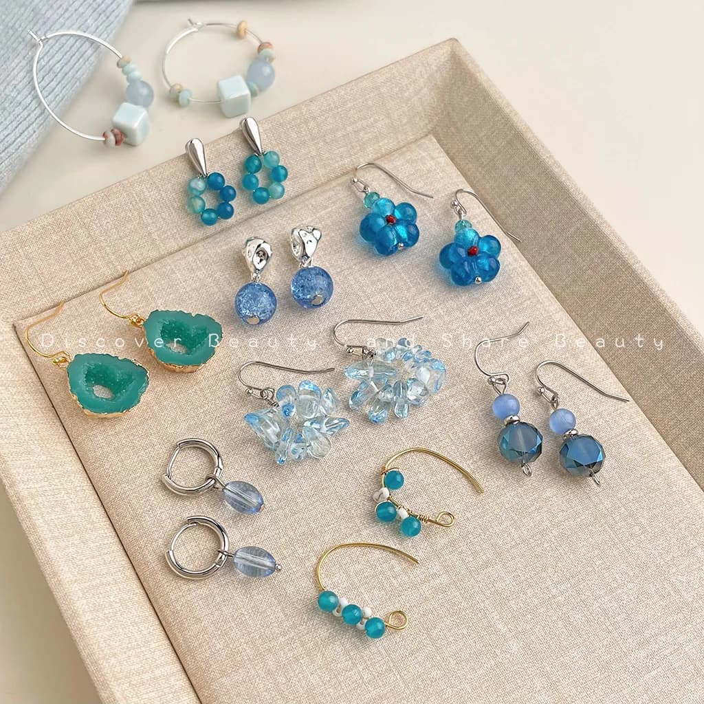 DIY accessories "Walden Blue" small fresh sea blue flower earrings personalized handmade natural stone fringed earrings vacation