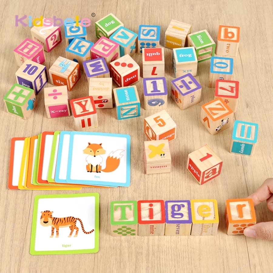 Set di 36 Blocchi in Legno Montessori con Lettere, Numeri, Colori e Animali per l'Apprendimento Prescolare, Puzzle Educativo, Regalo per Bambini