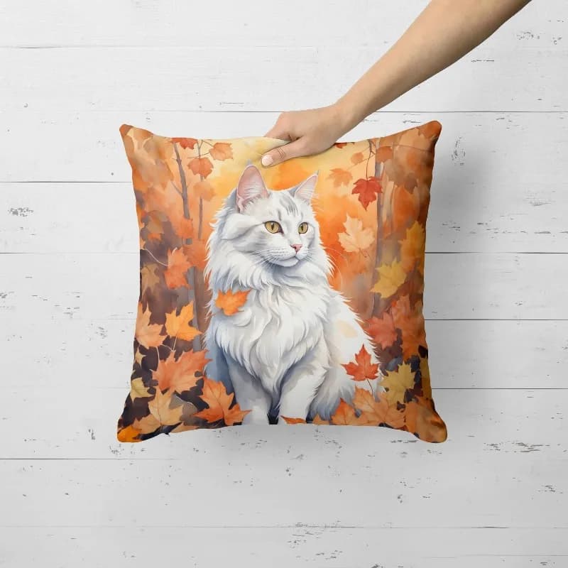 Elegante gatto turco angora foglie autunnali cuscino decorativo 18x18 pollici lavabile in lavatrice divano letto per interni ed esterni patio