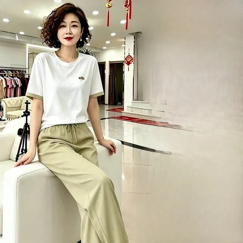 Fashionable Color Block Casual Set Women's New Style Short Sleeve T-Shirt Straight Leg Pants Two Piece Set Summer 2026