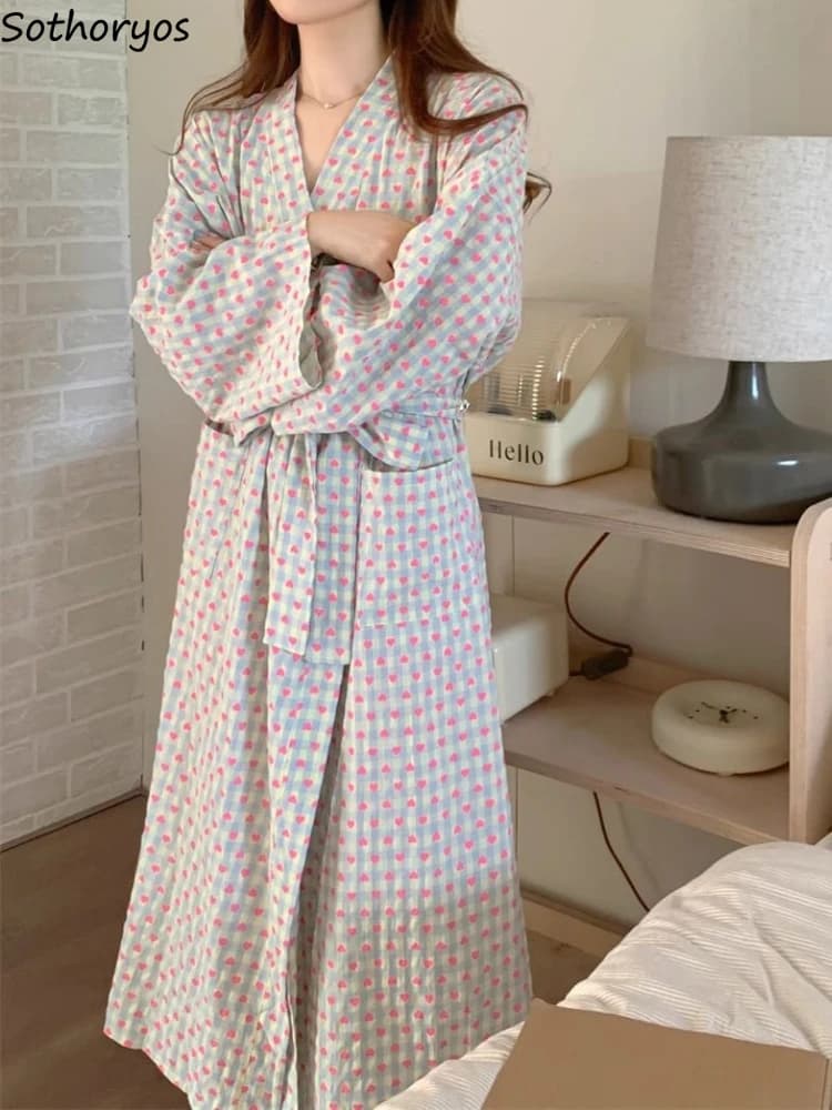 Sweet Heart Plaid Robes Women's Autumn Long Dresses Japanese Nightwear With Belt Comfortable loose Chic Female Simple Loungewear